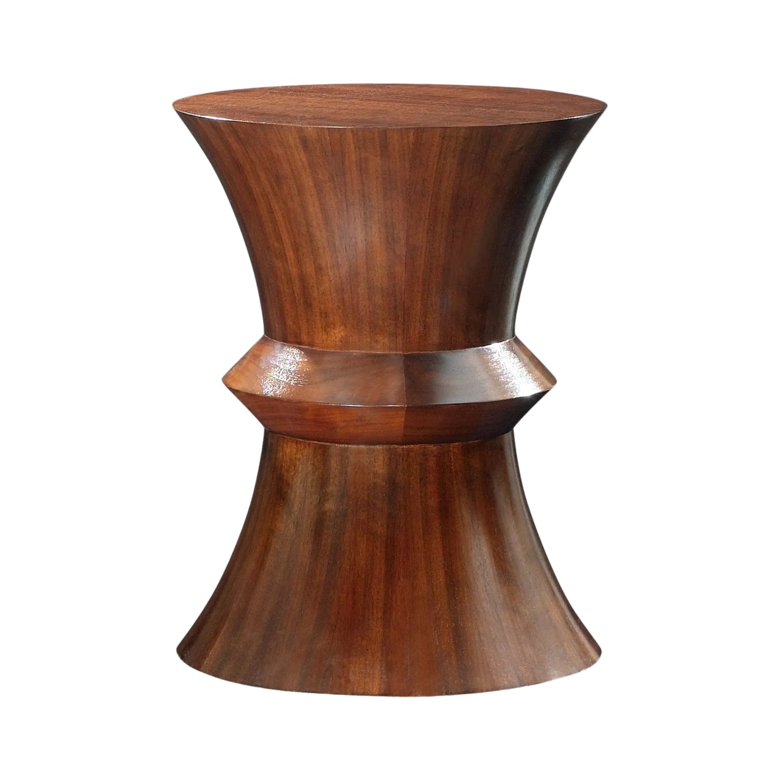 Wooden side table with a unique design on a white background