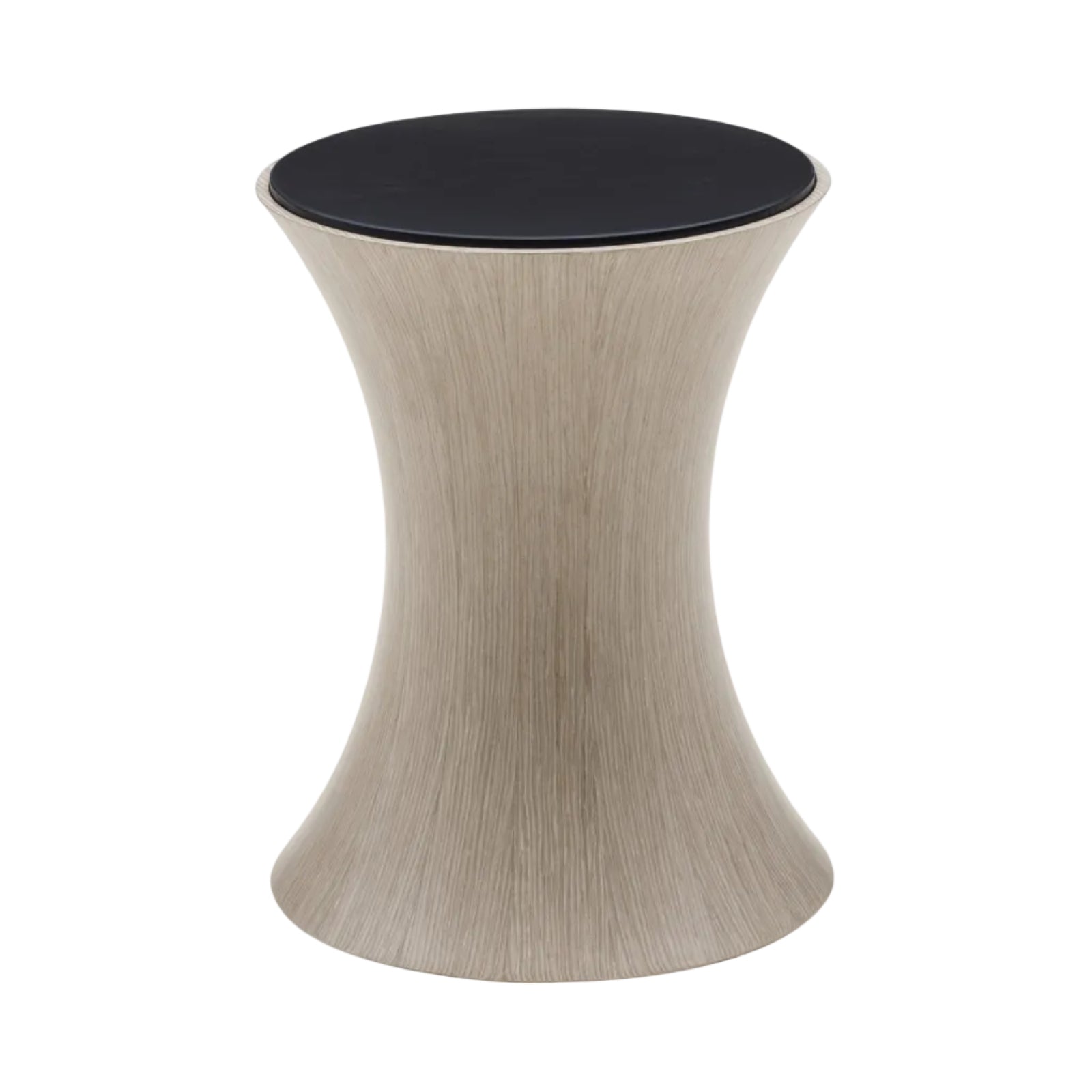 Small round table with black top and beige base on a white background