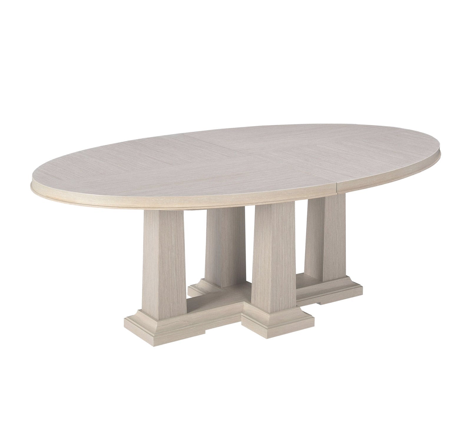 Round dining table with a light gray finish on a white background