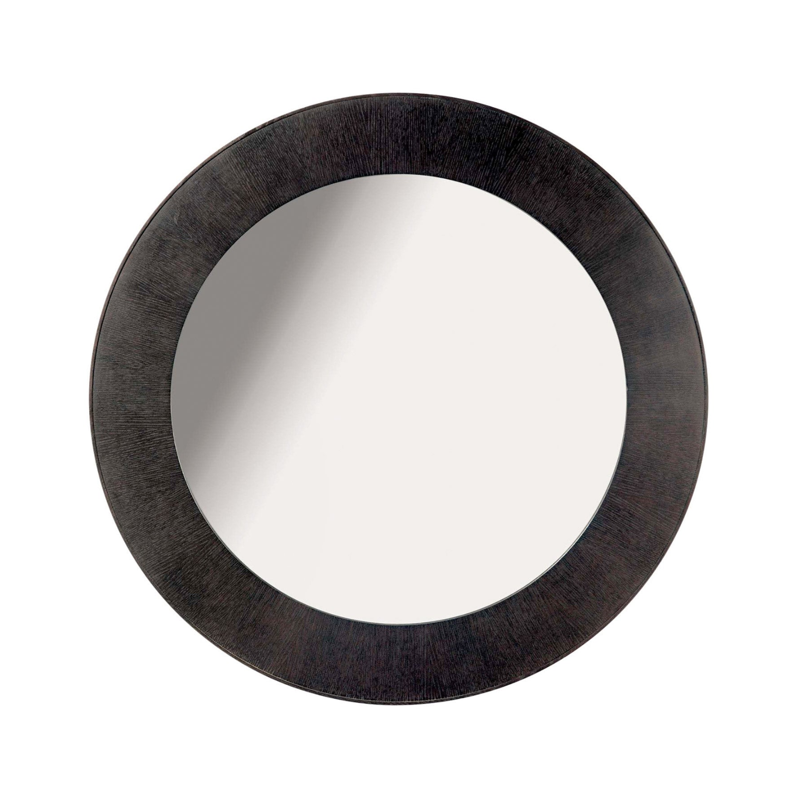 Round wall mirror with a wide, textured dark charcoal-brown frame on a solid white background.
