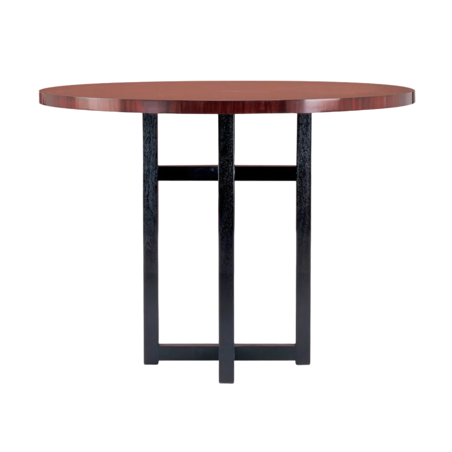 Round wooden table with black metal legs on a white background