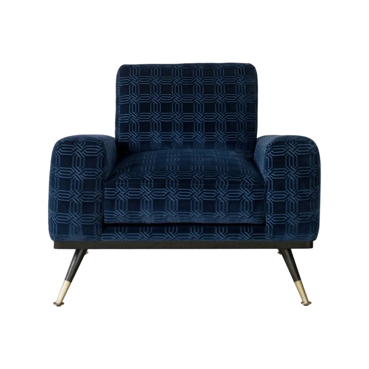 A mid-century modern armchair upholstered in dark blue velvet with a lighter blue geometric lattice pattern, featuring tapered black metal legs with gold-toned tips, shown against a plain white background.