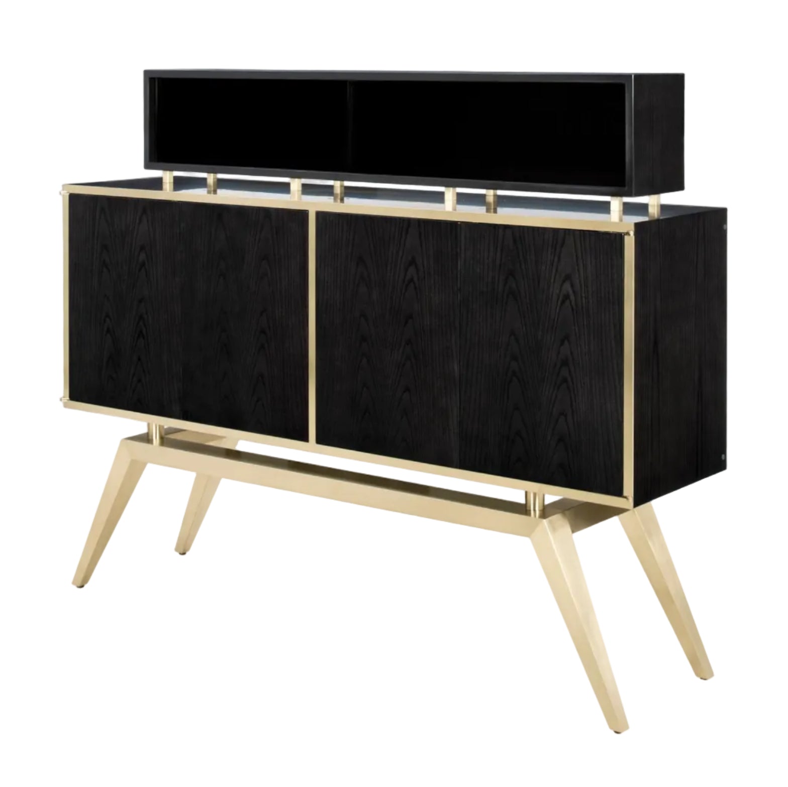 Black sideboard with gold legs on a white background