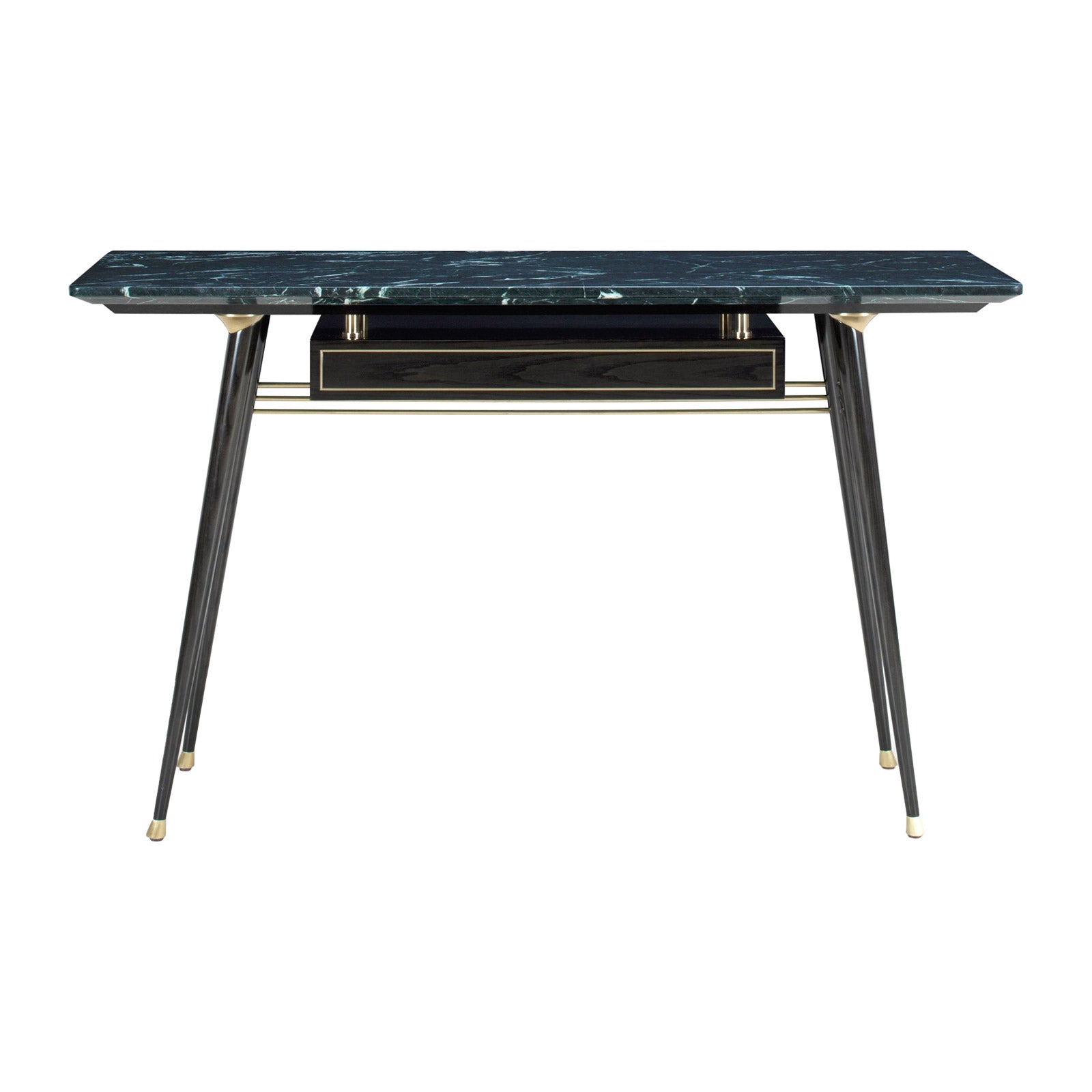 Marble-top console table with black legs and gold accents on a white background