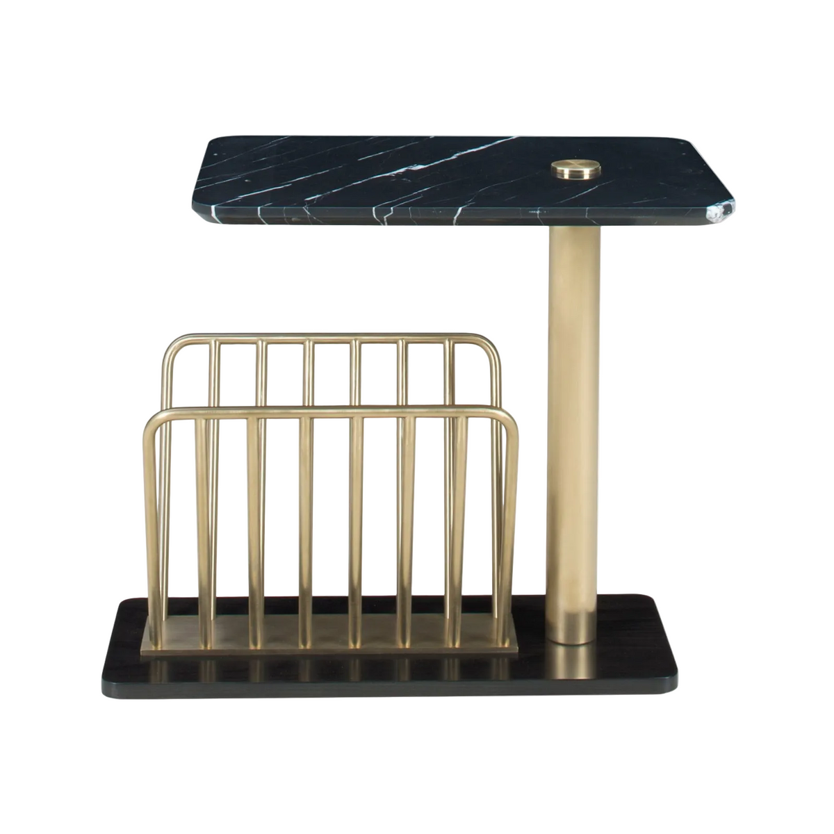 Side table with black marble top and gold metal base on a white background
