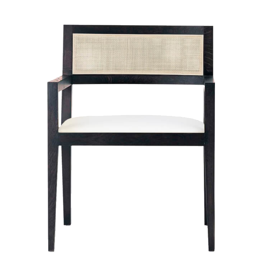 A modern dining chair with a dark wood frame, a natural woven cane backrest, and a cream-colored seat cushion, shown against a plain white background.