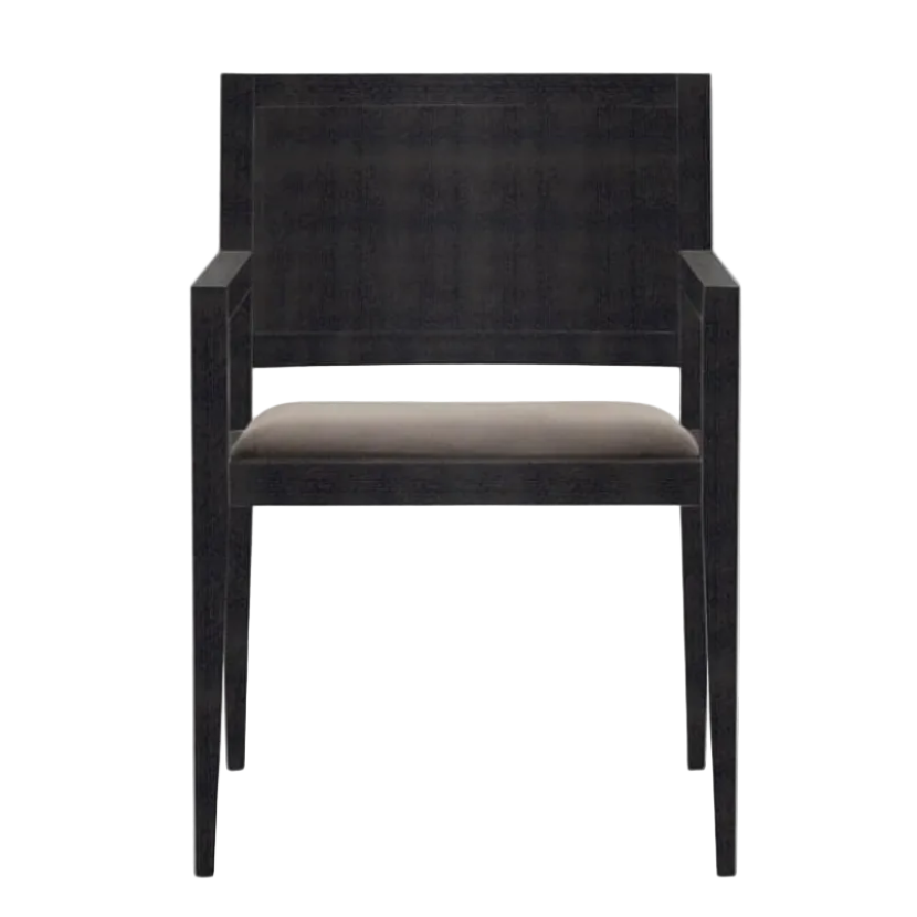 A modern armchair with a dark textured wood frame and a light taupe upholstered seat cushion, shown against a plain white background.