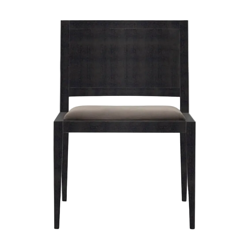 A modern dining chair with a dark black wood frame, a tall rectangular backrest, and a light taupe upholstered seat cushion, shown against a plain white background.
