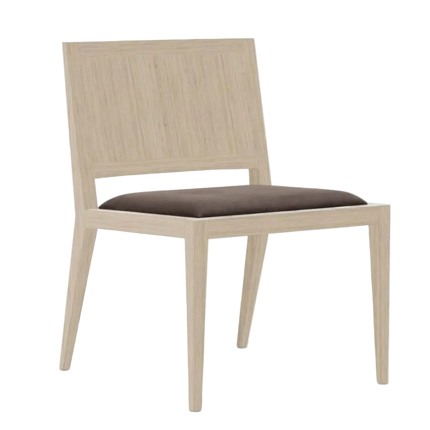 A modern dining chair with a light natural oak wood frame and a dark brown upholstered seat cushion, shown against a plain white background.