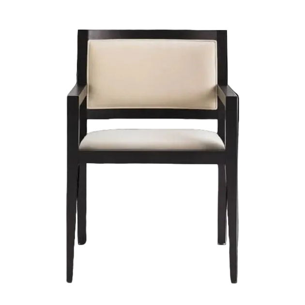 A modern dining chair with a black wood frame and cream-colored upholstered seat and backrest, shown against a plain white background.
