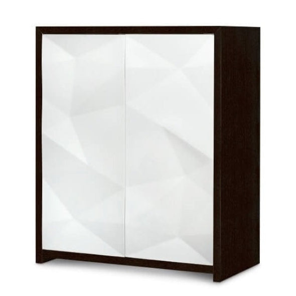 A modern two-door cabinet with a dark brown wood frame and glossy white faceted geometric doors, shown on a plain white background.