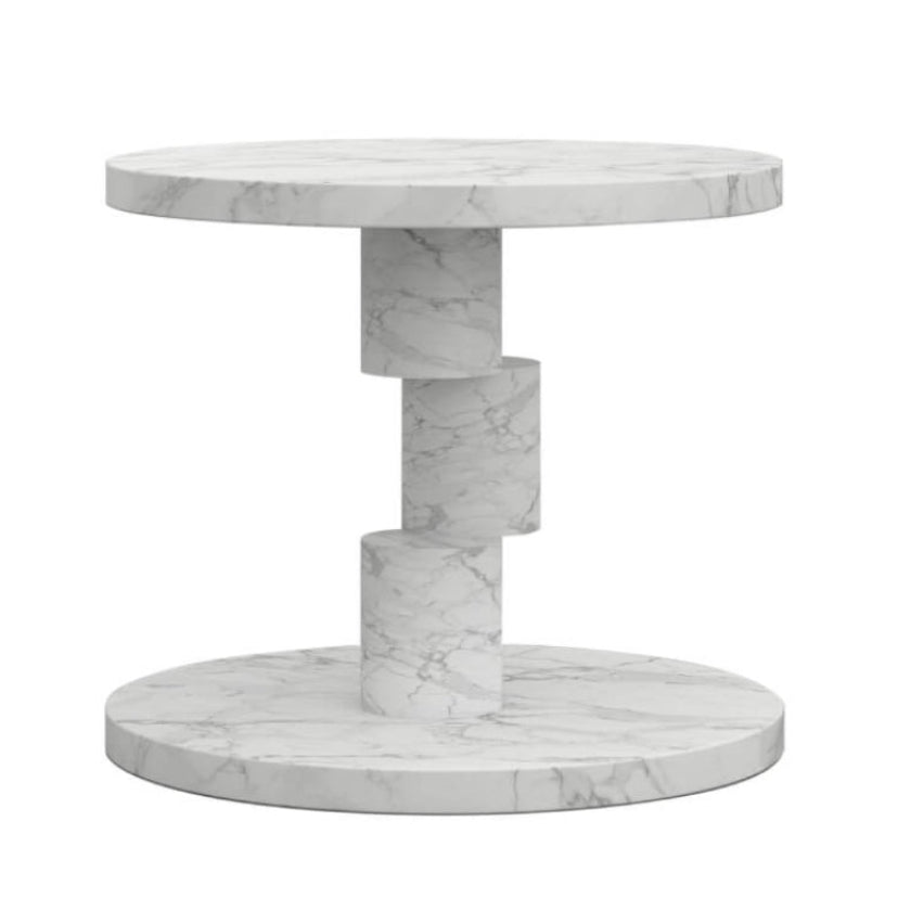 A modern round marble side table with a stacked column base, featuring a white marble top and base with subtle gray veining, shown on a solid white background.