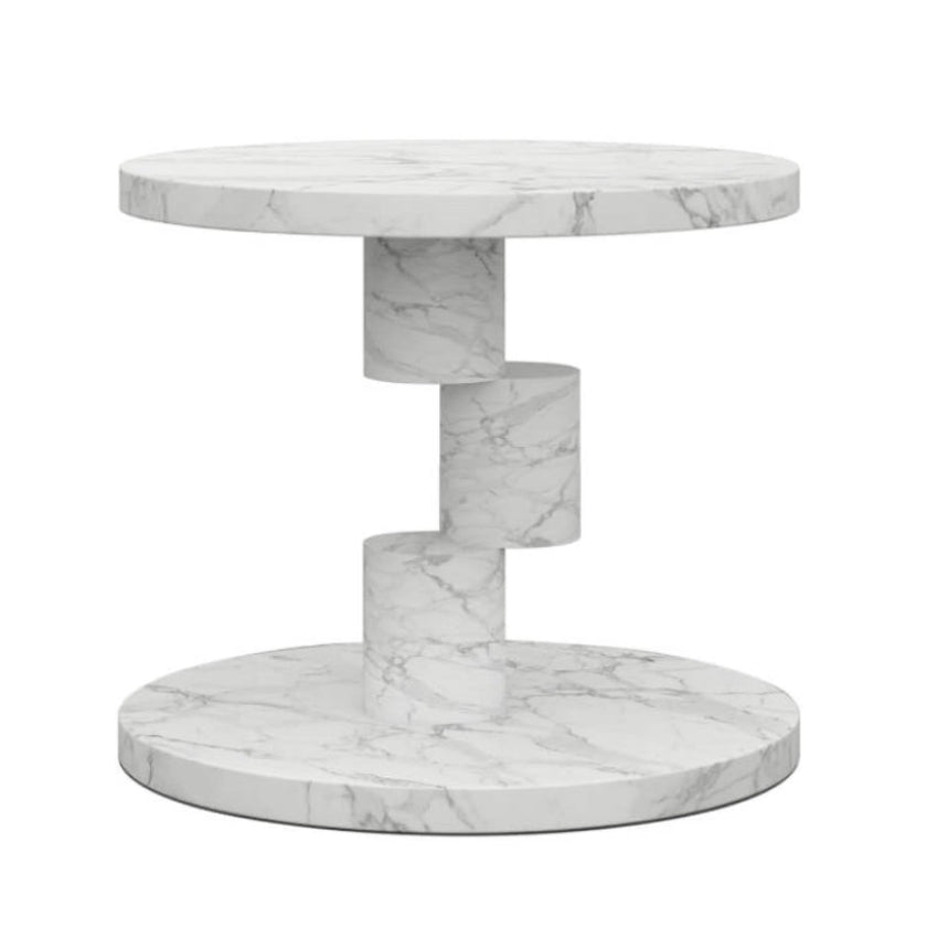 A modern round marble side table with a sculptural, stepped central base, shown on a solid white background.