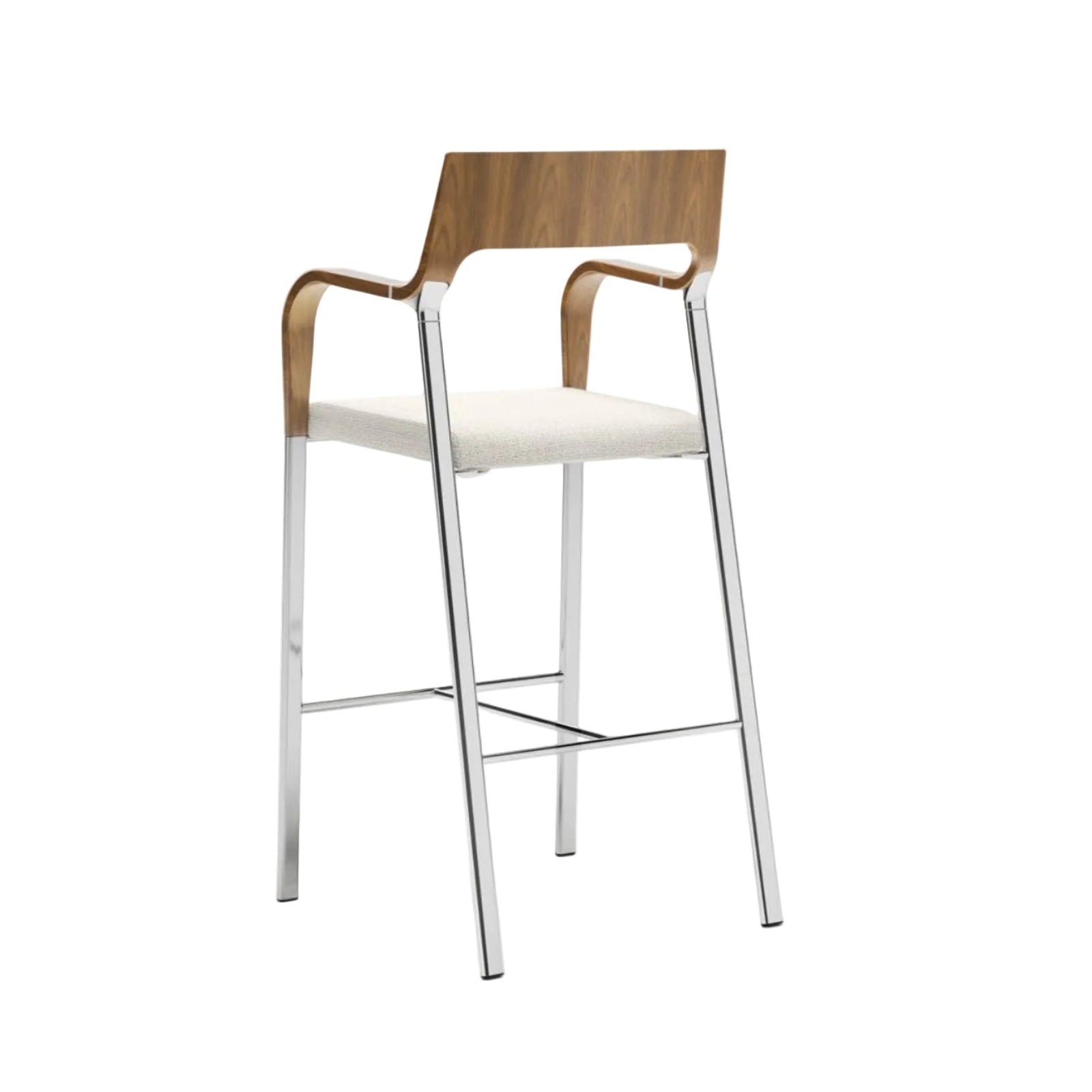 Bar stool with wooden backrest and white seat on a white background