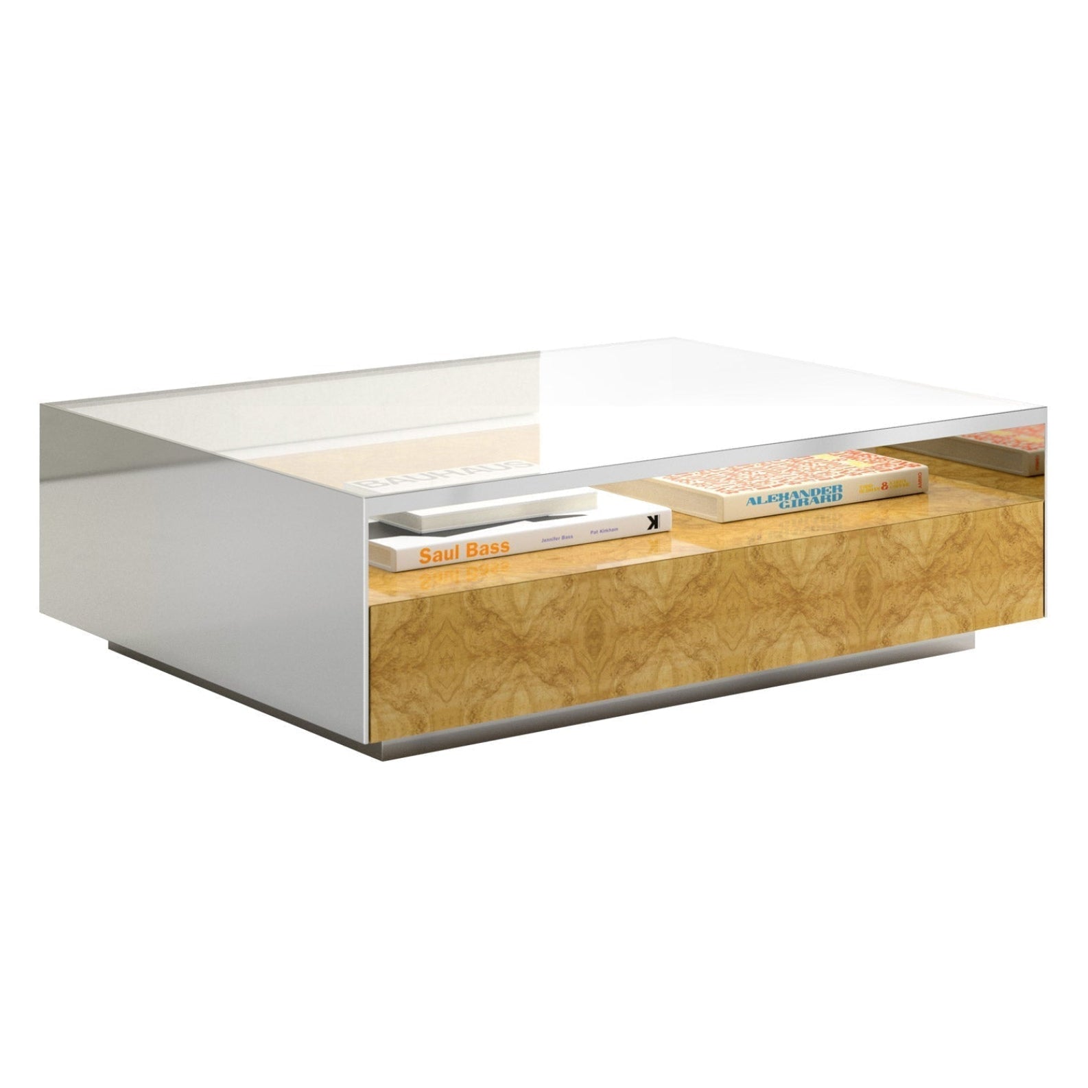 Modern coffee table with a white top and wooden bottom on a white background