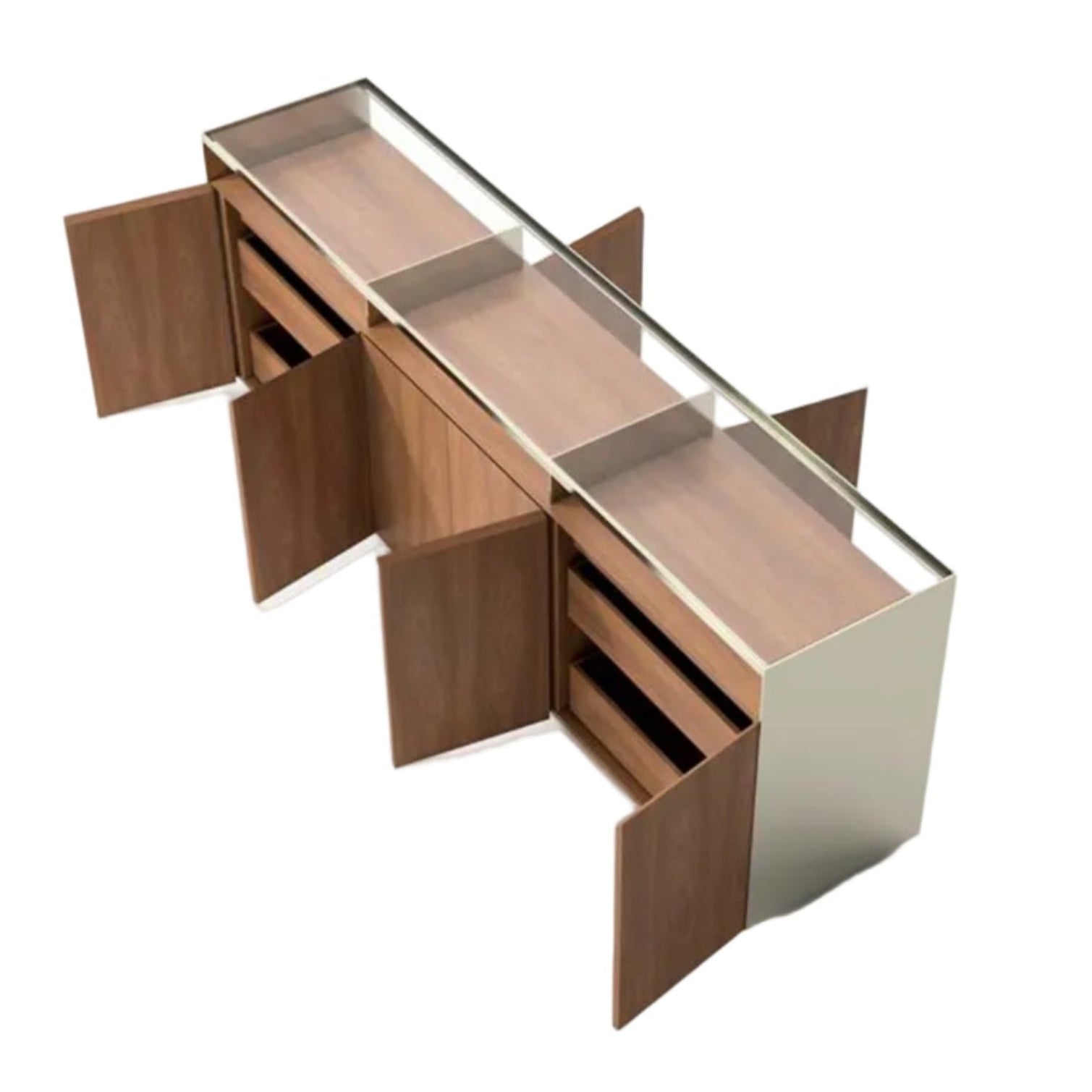 Modern wooden desk with glass top on a white background