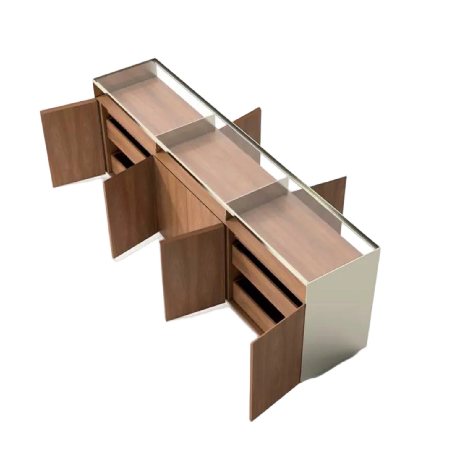 Modern wooden desk with glass top on a white background