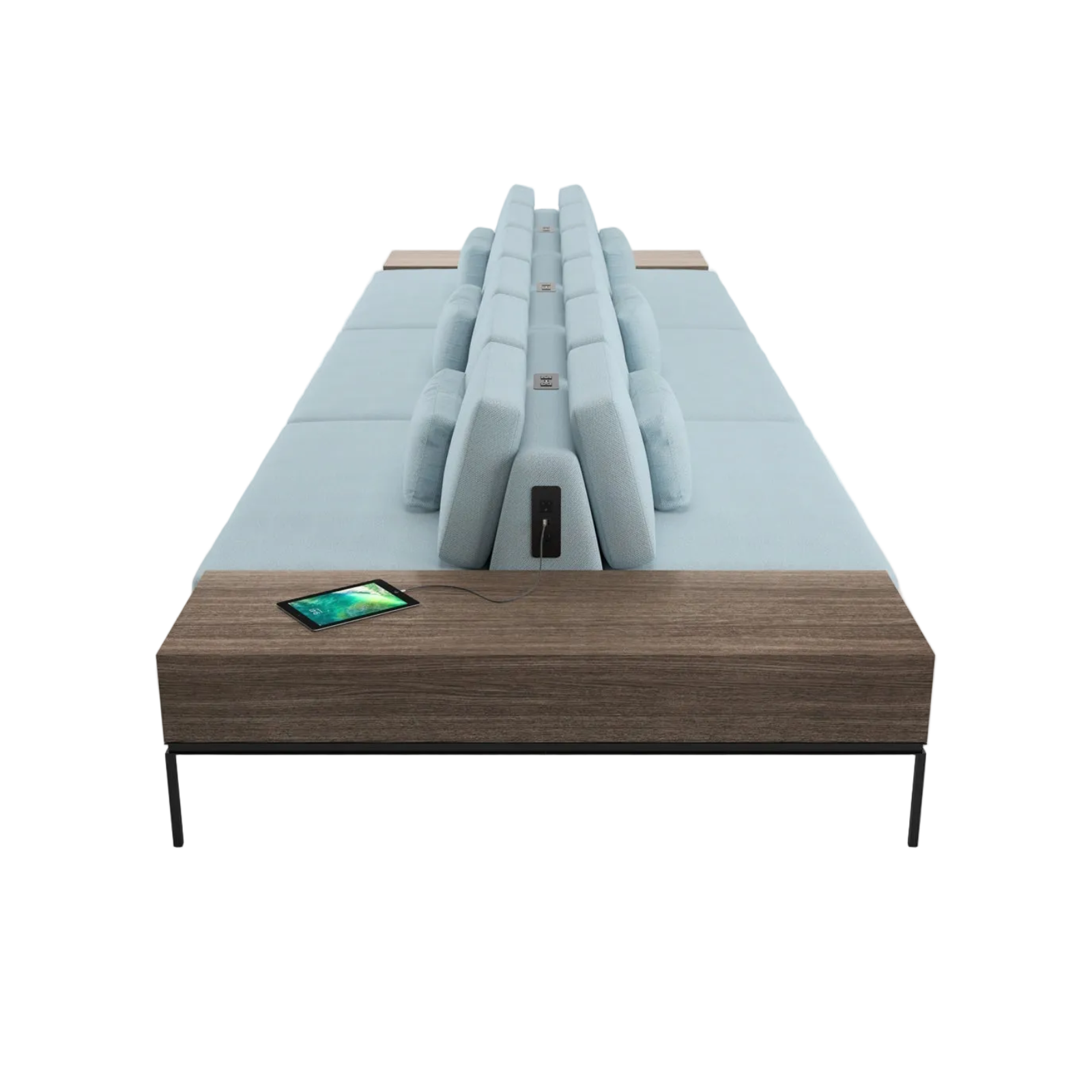 A modern theater-style auditorium sofa with a long, low wooden console base and multiple rows of light blue seat cushions, shown on a plain white background.
