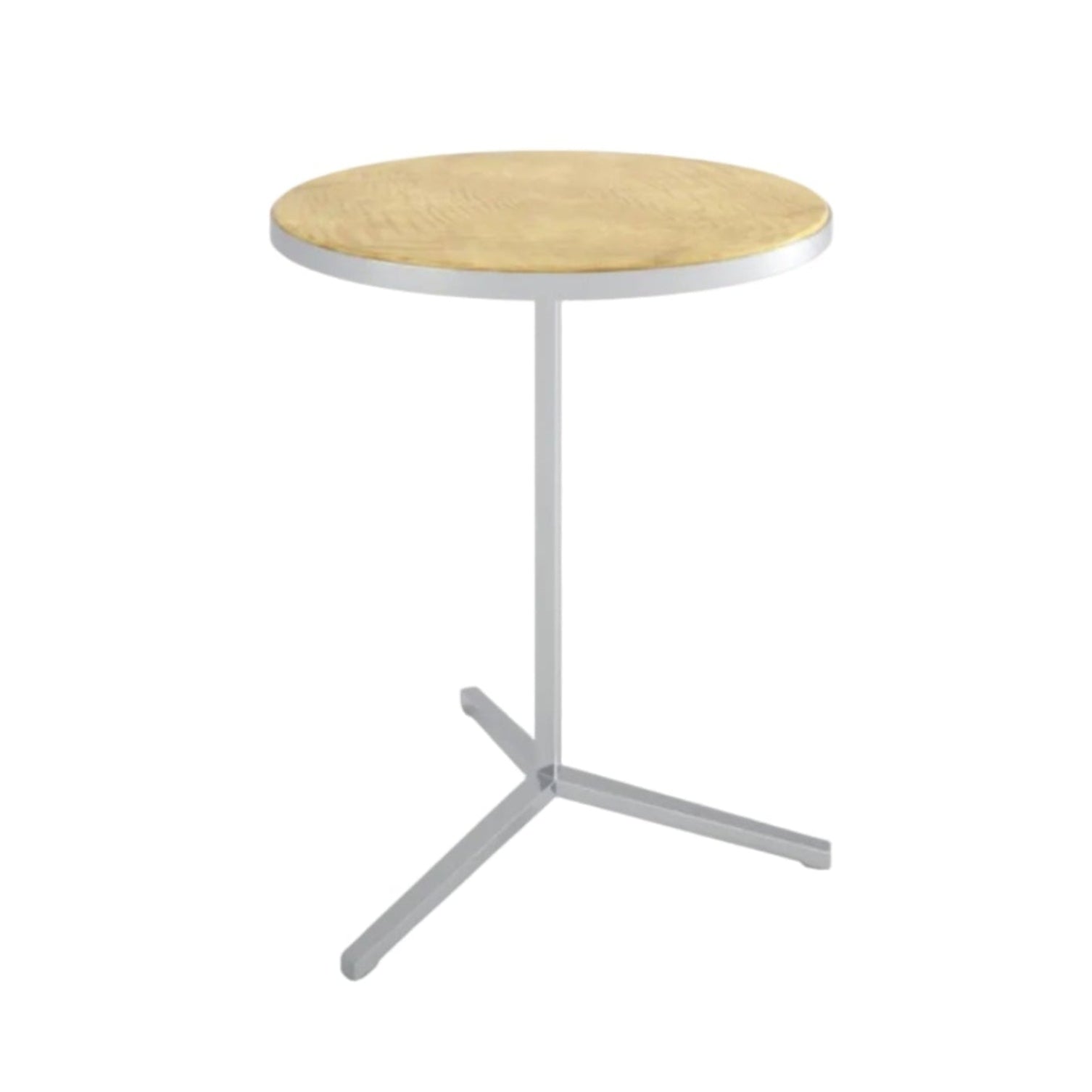 Small round table with wooden top and metal legs on a white background