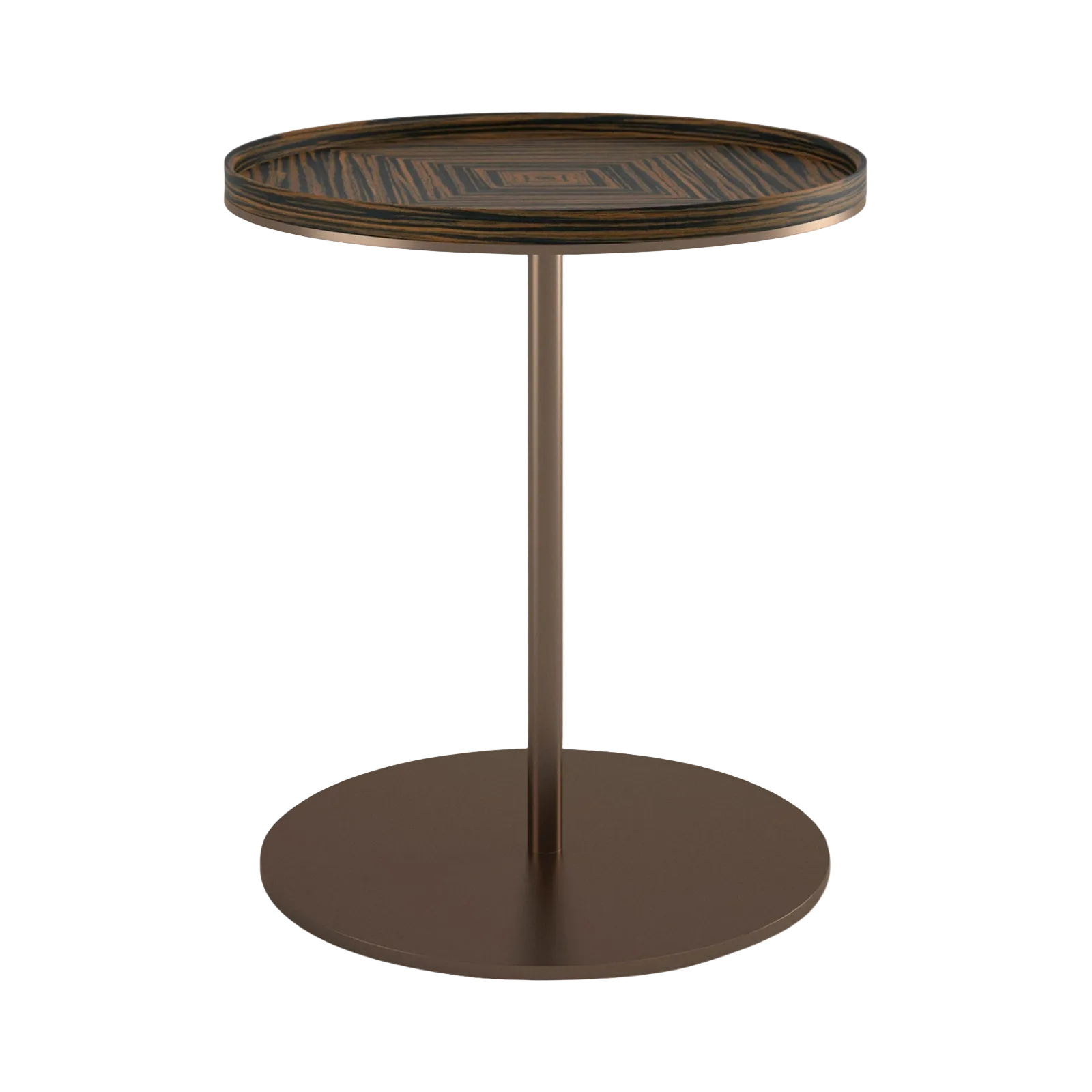 A modern round accent side table with a dark brown wood grain patterned top and a matching dark brown pedestal base, shown on a solid white background.