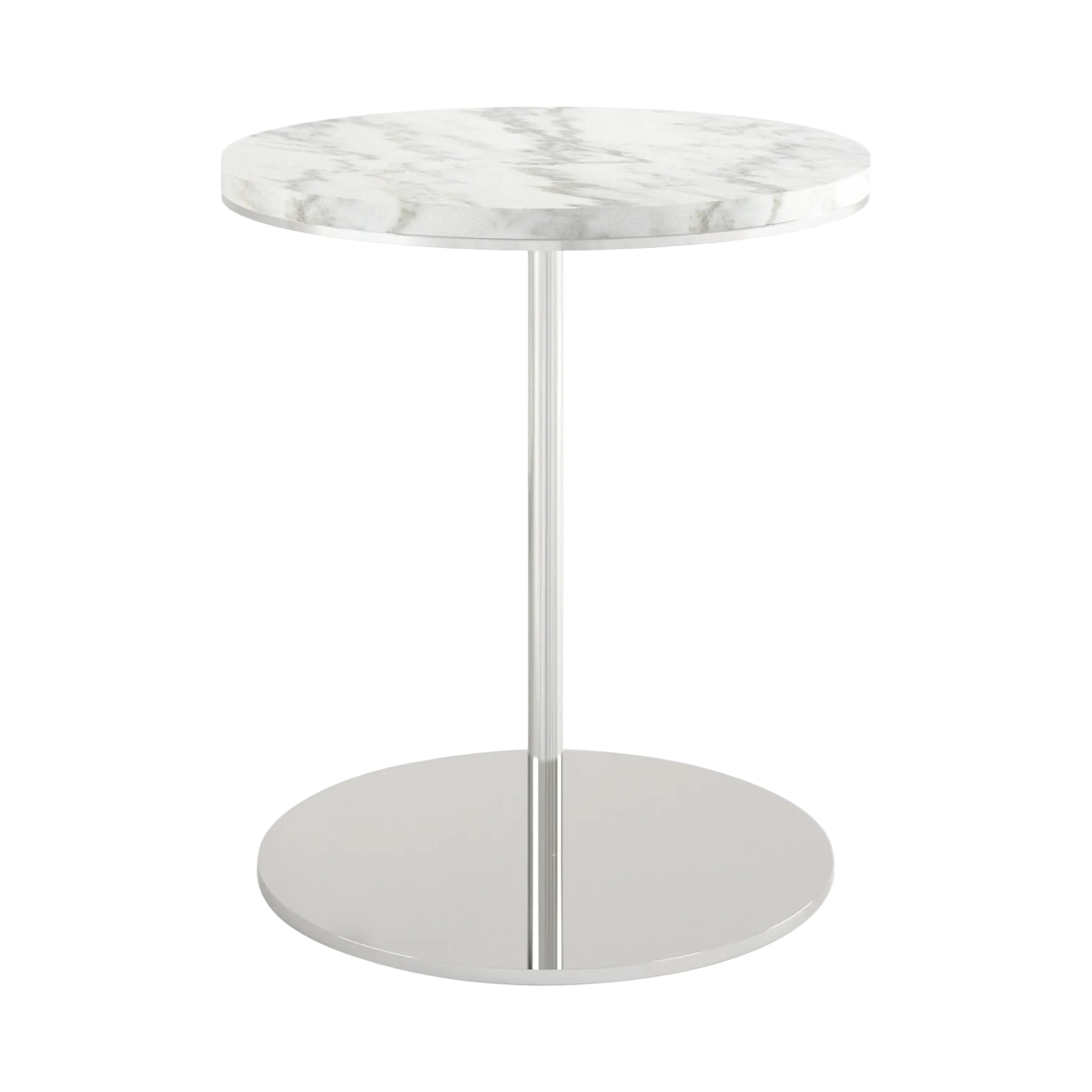 A modern round side table with a white marble top, a slim polished metal pedestal stem, and a wide circular metal base, shown on a plain white background.