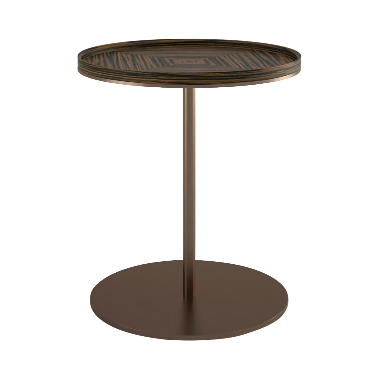 A modern round accent side table with a dark brown wood grain top and a matching dark brown pedestal base, shown on a solid white background.