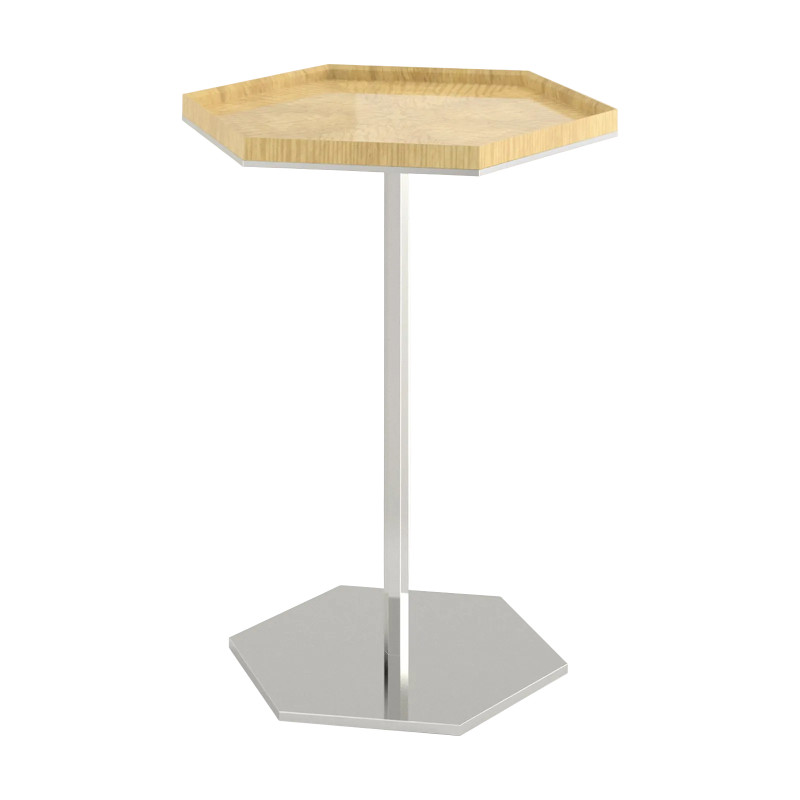 A modern hexagonal side table with a light natural wood top and a polished silver metal pedestal base on a white background.