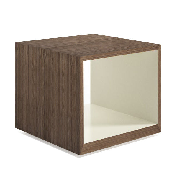 A cube-shaped side table with a dark brown wood grain finish on the exterior and a cream-colored interior, shown on a plain white background.