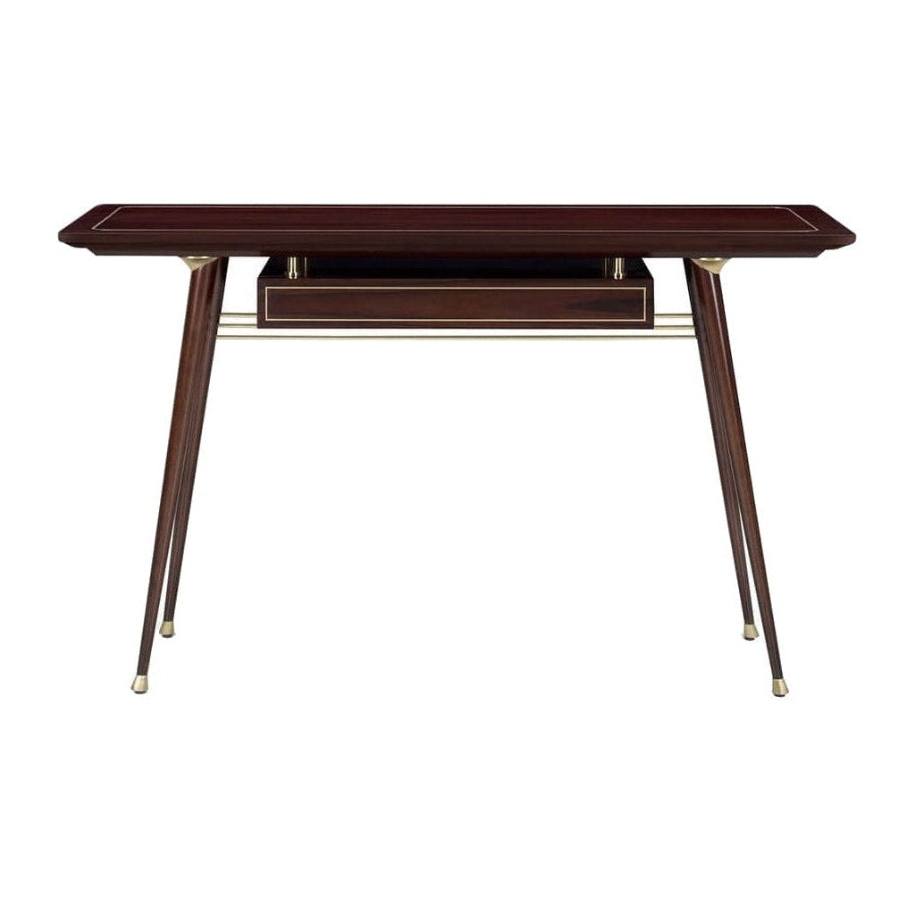 A mid-century modern writing desk with a dark brown wood finish, tapered legs, and brass hardware accents, shown against a solid white background.