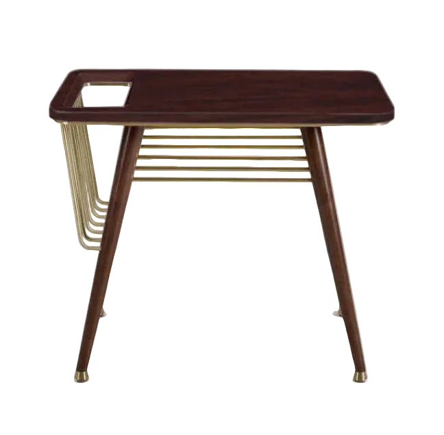 A mid-century modern side table featuring a dark brown wood grain top, angled metal legs, and a gold-finished wire magazine rack shelf.