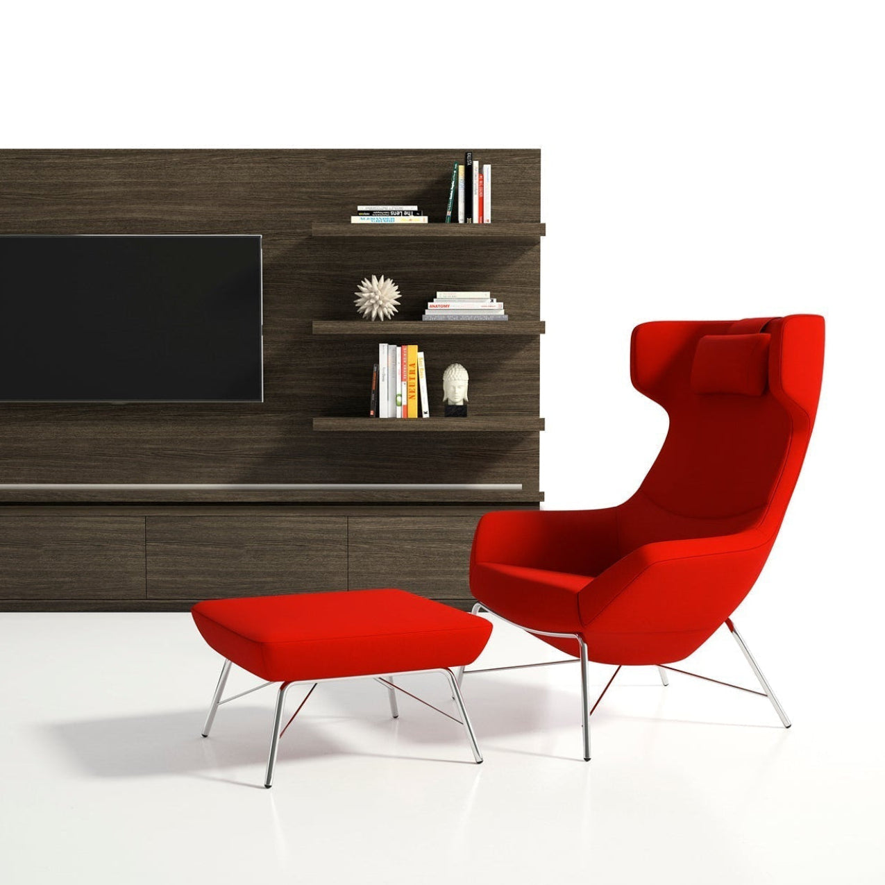 Modern red chair and ottoman in front of a wooden entertainment unit with shelves.