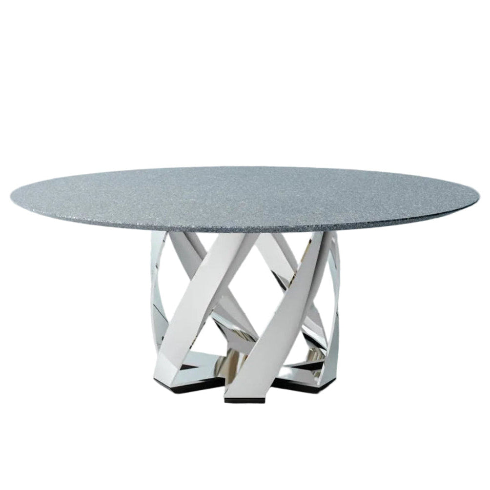 A round gray stone dining table with a polished chrome geometric base, shown on a light gray background.