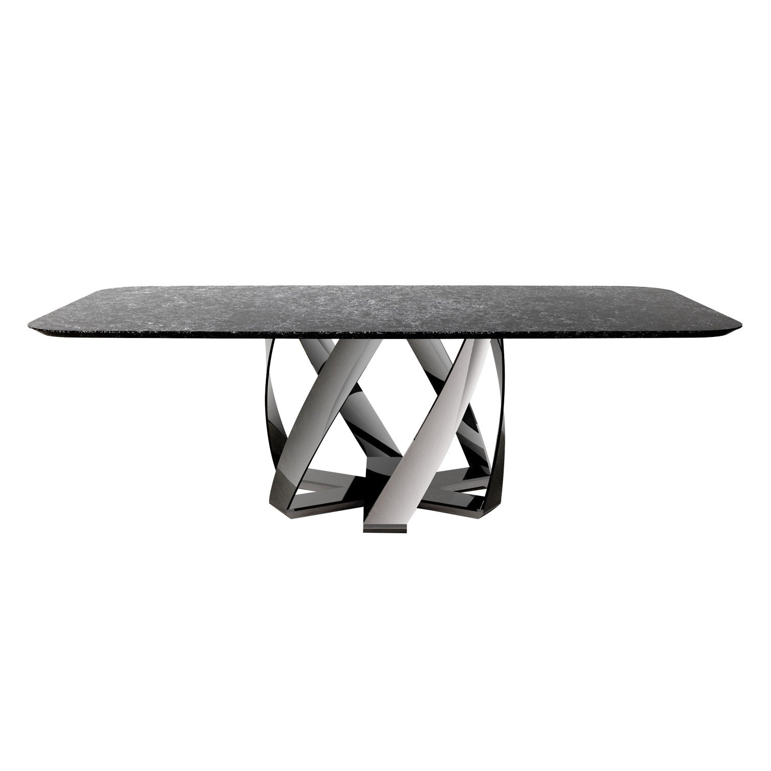 Modern dining table with a dark gray marble top and metal base on a white background