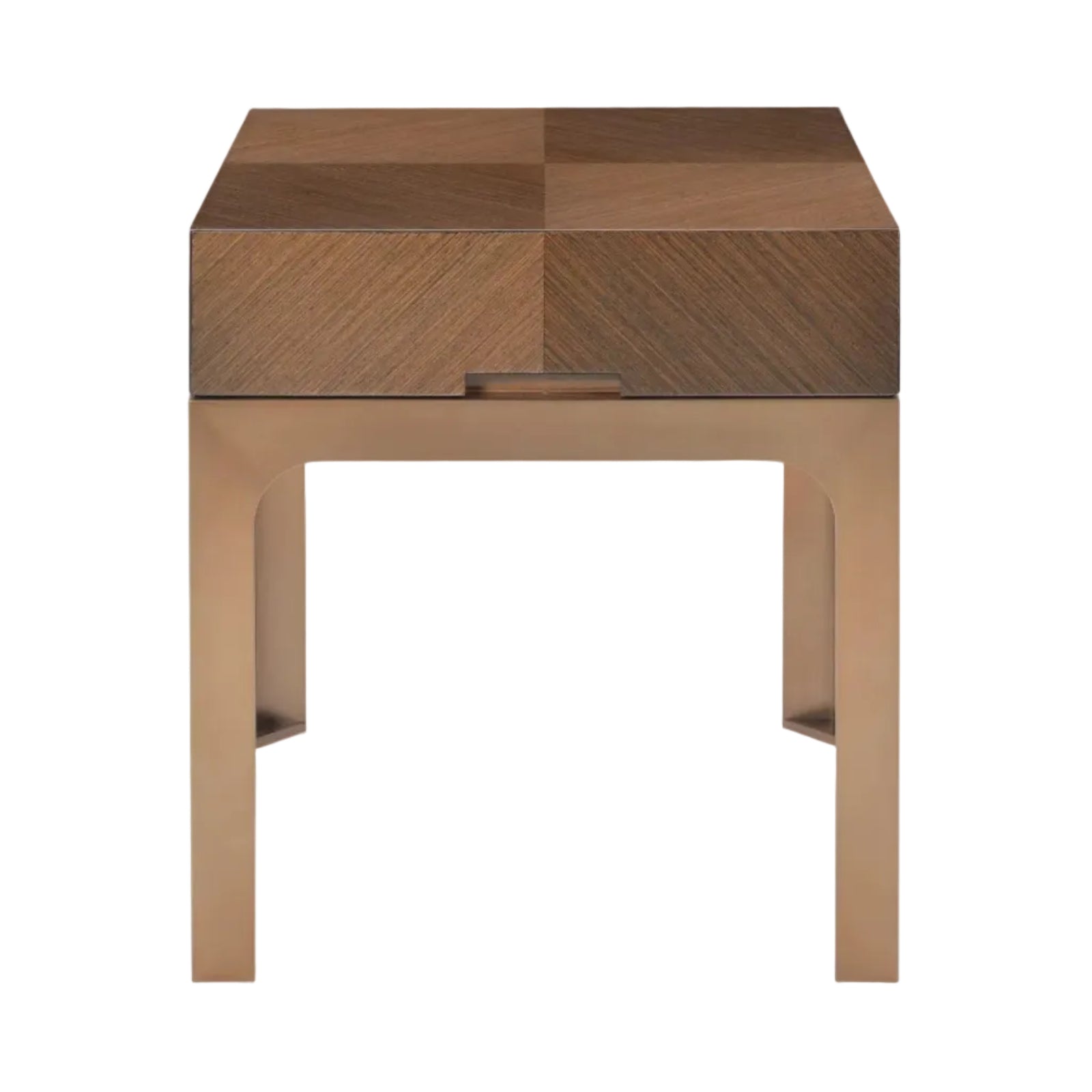 Wooden side table with a checkered pattern on a white background
