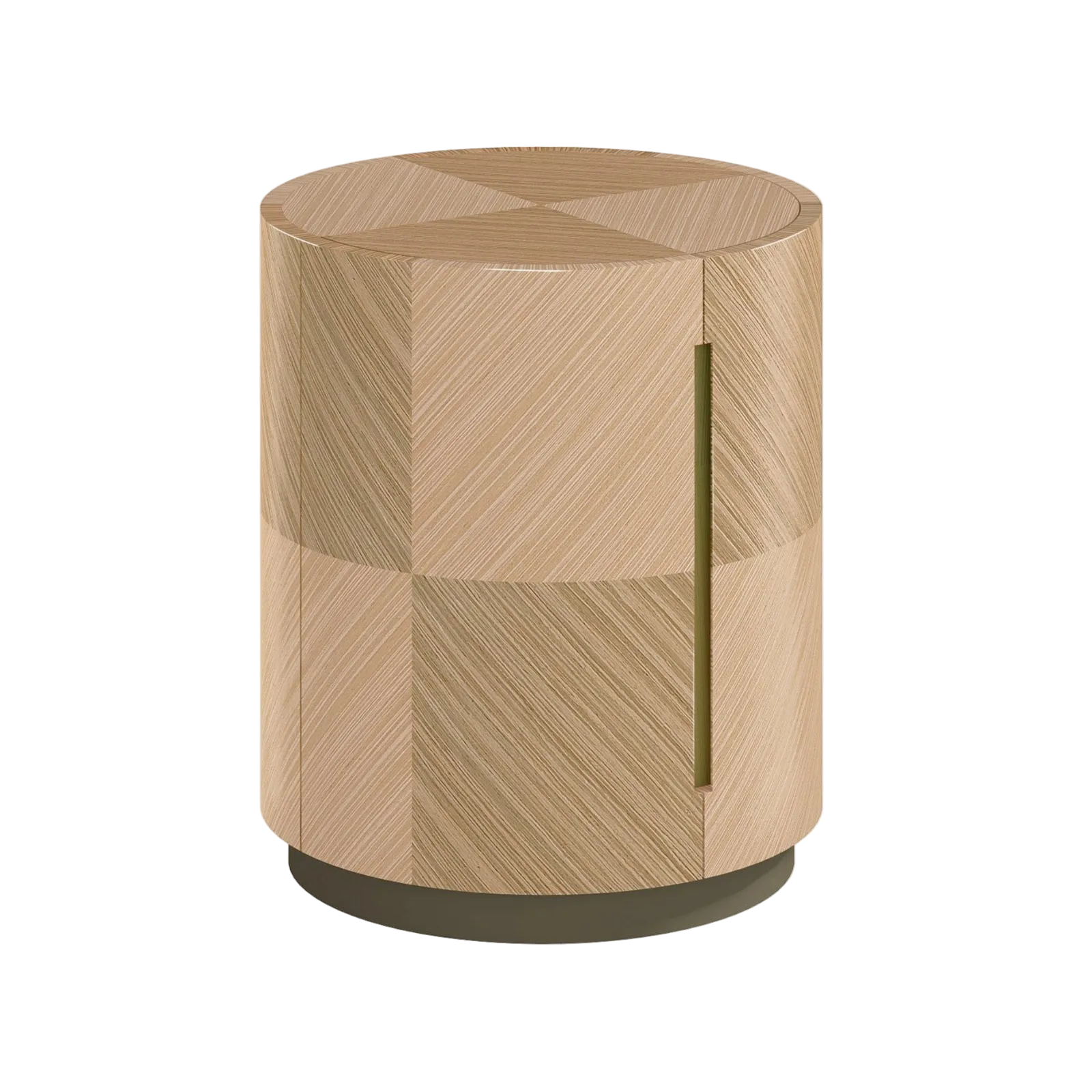 A modern cylindrical side table with a geometric wood grain pattern in light and medium brown tones, featuring a vertical brass handle and a dark base, shown on a plain white background.
