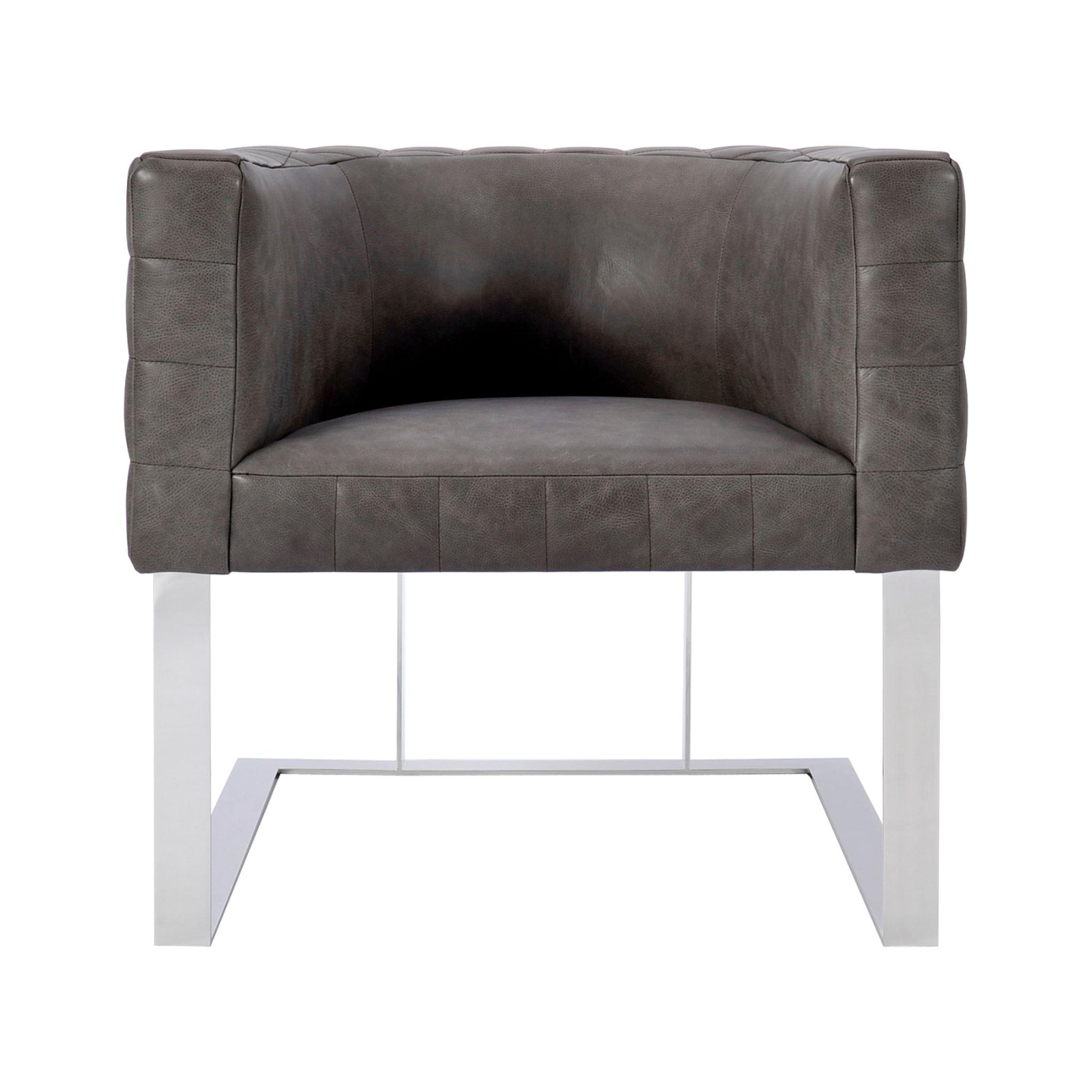 Brown leather armchair with white metal legs on a white background