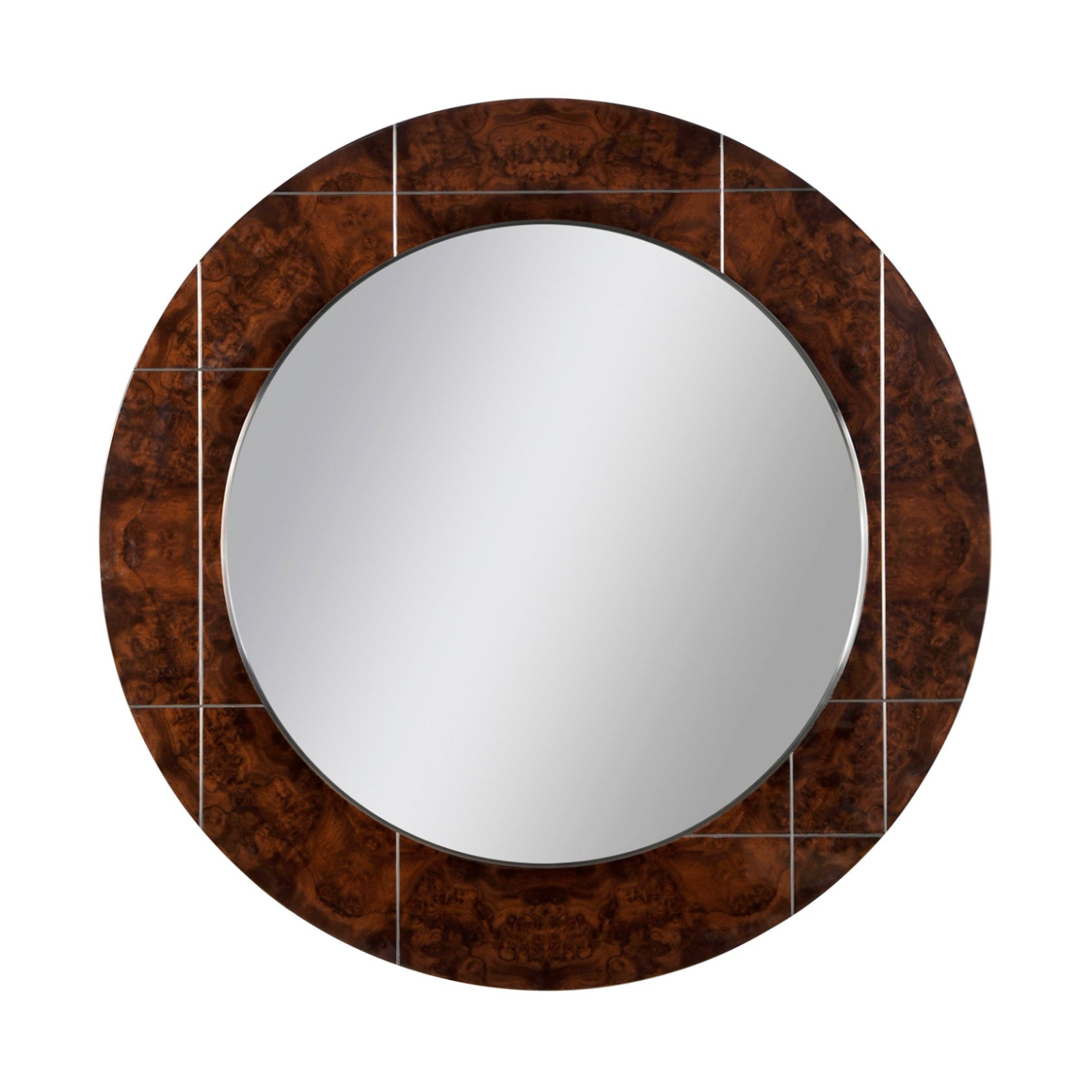 Round wall mirror with a dark brown carved wood frame and a central reflective silver mirror, shown against a plain white background.