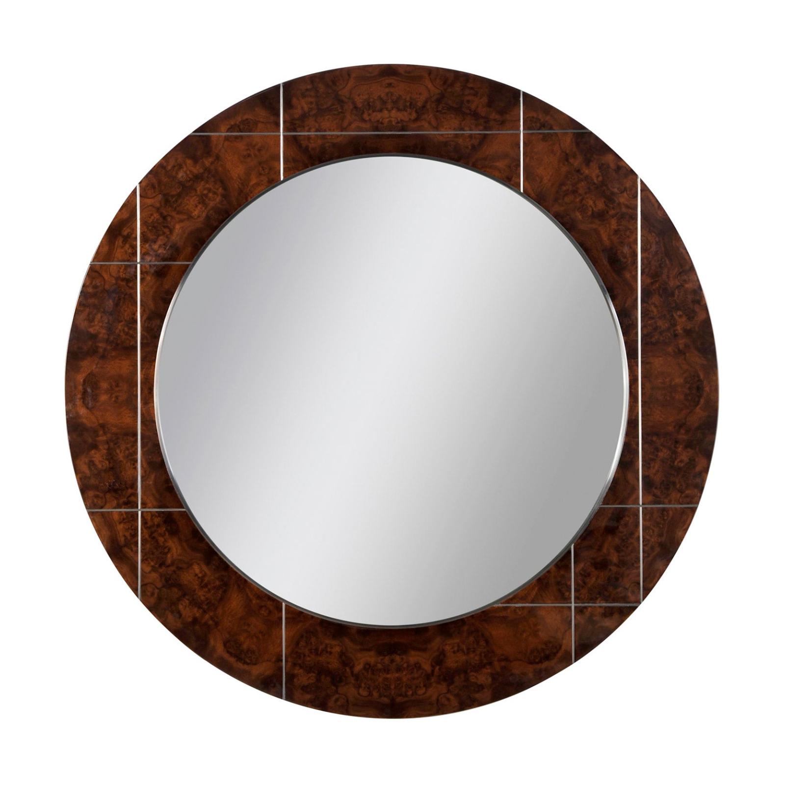 Round wall mirror with a dark brown burl wood frame and a grid pattern of thin silver lines.