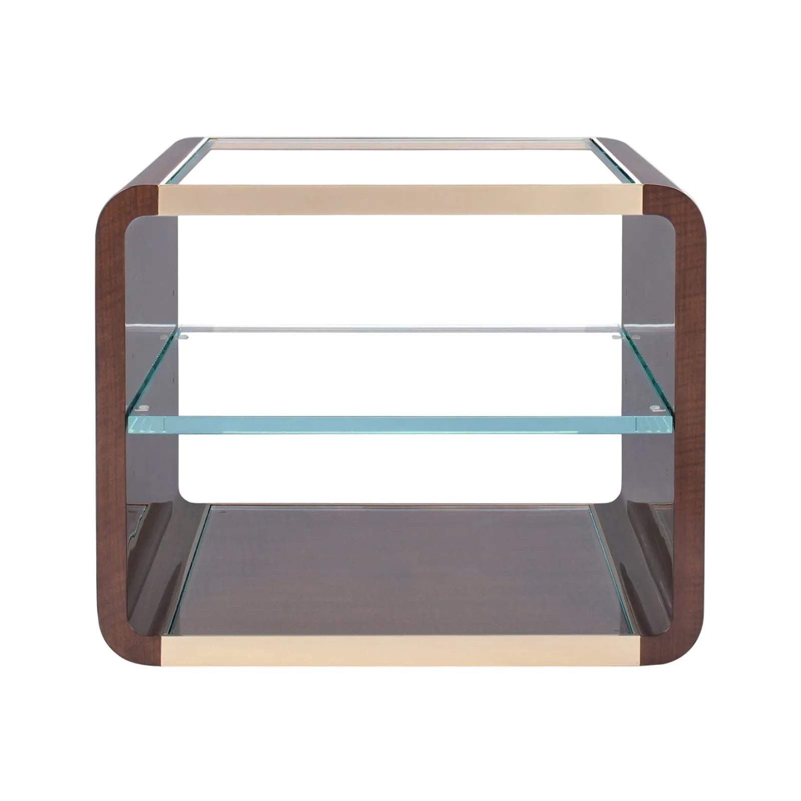 Glass shelf unit with wooden frame on a white background