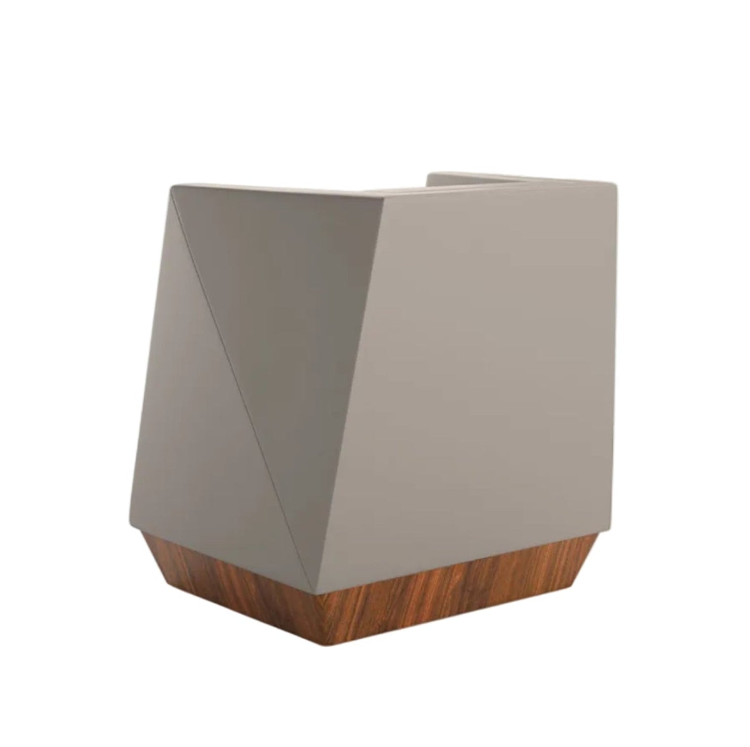 Geometric planter with a wooden base on a white background