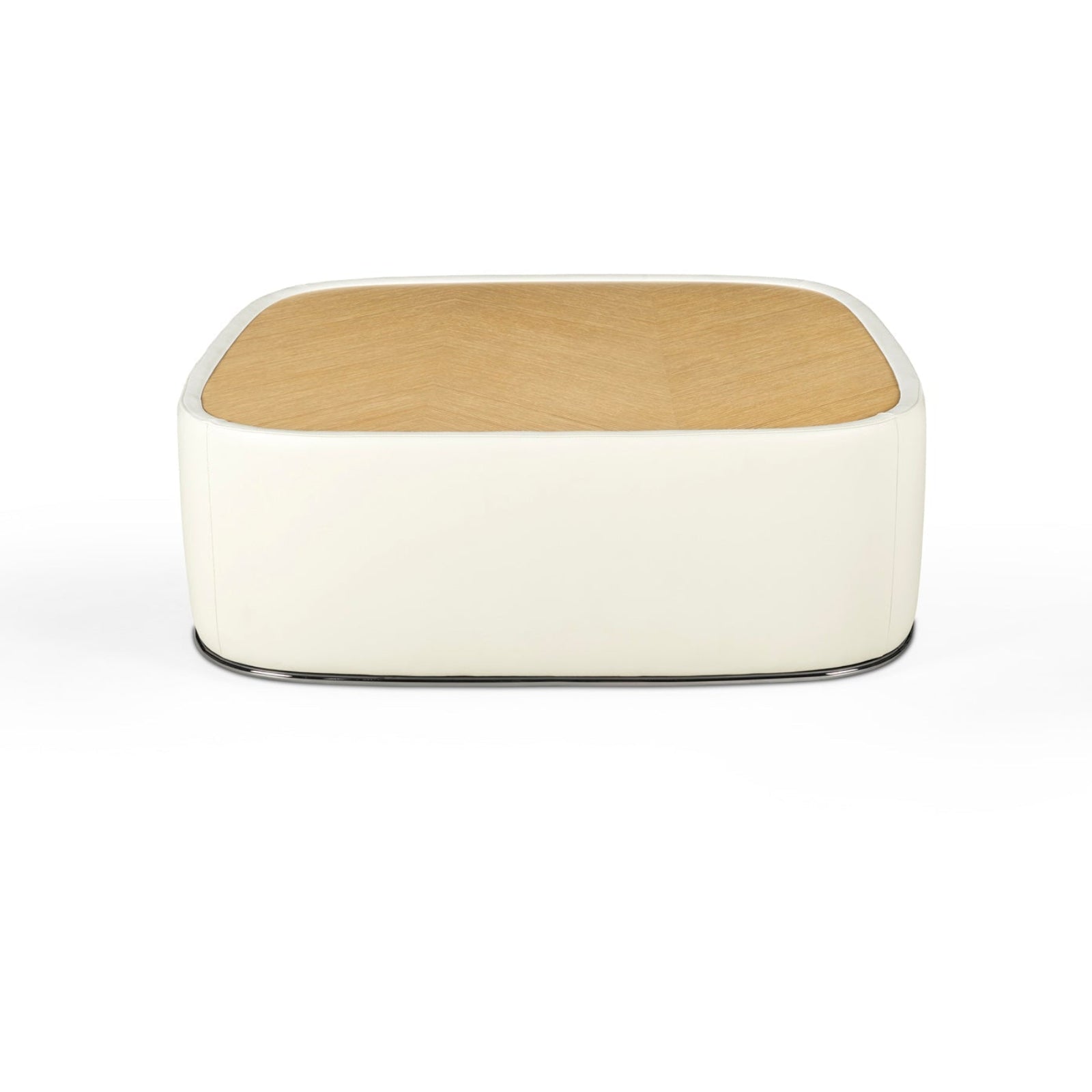 Square ottoman with wooden top on a white background