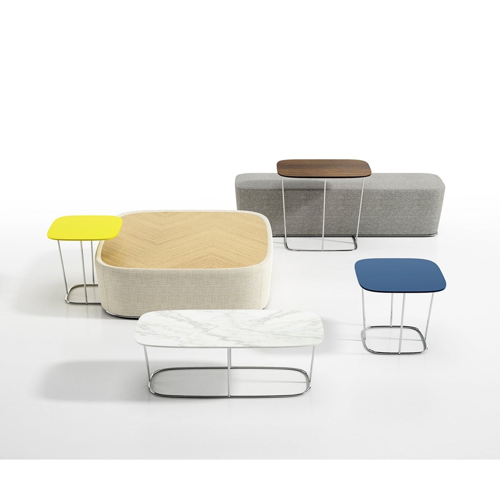 Set of modern stools and ottomans with various colors on a white background