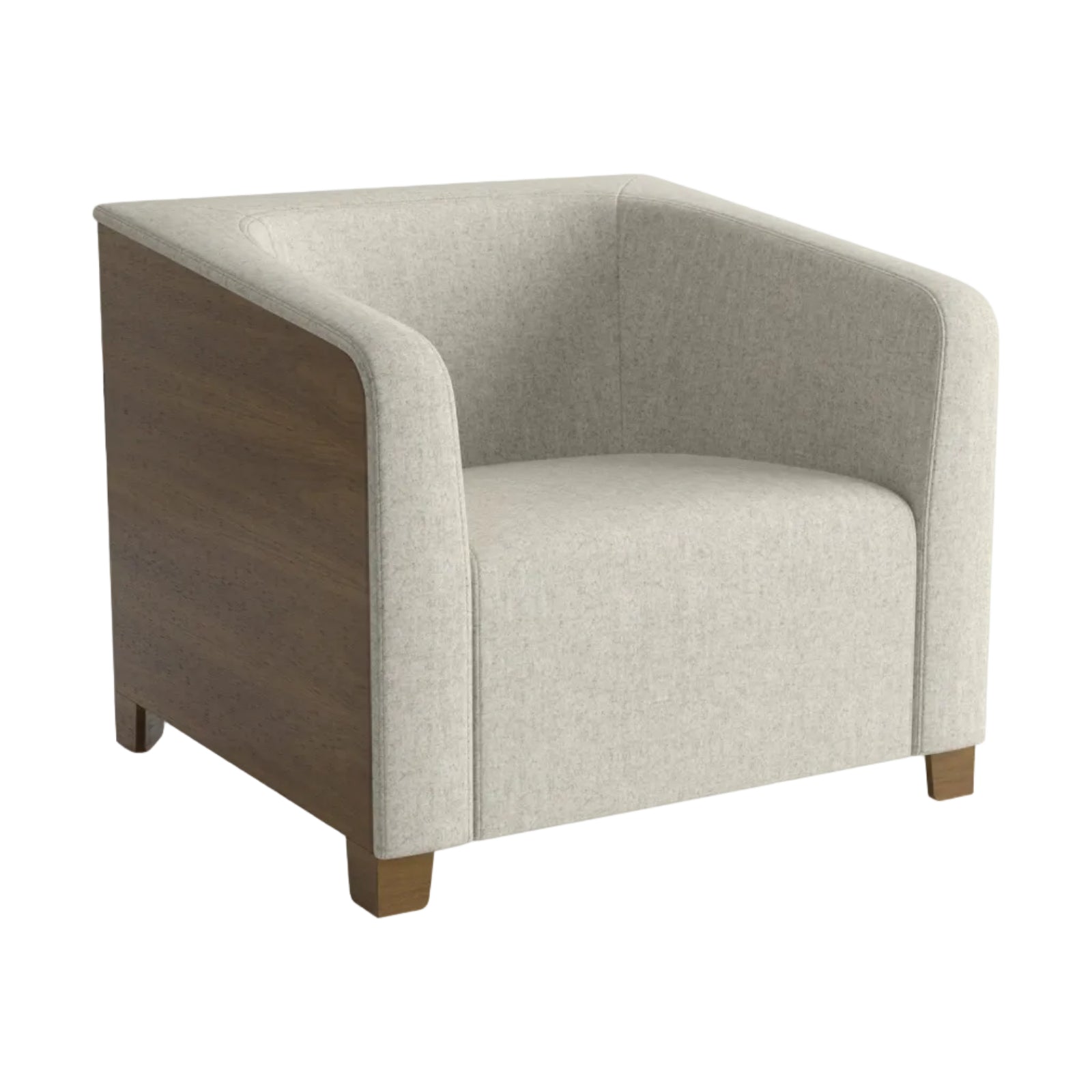 Gray armchair with wooden armrests on a white background