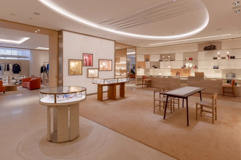 A luxury boutique interior with display tables, shelving, framed wall art, and warm beige and wood tones throughout the space.