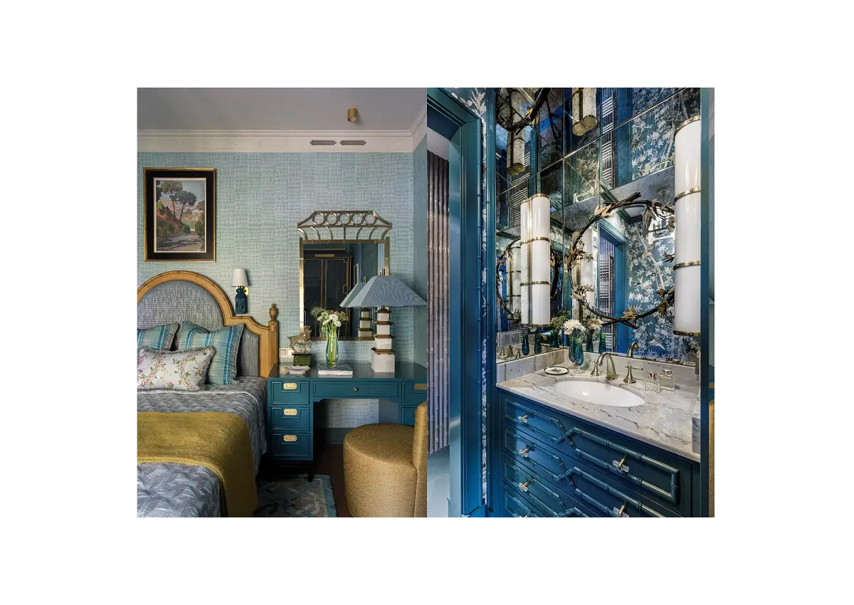 A split-screen view of a luxurious bathroom and bedroom featuring a cohesive deep blue and teal color scheme, with blue cabinets, a blue bed, and a blue vanity with mirrored details.