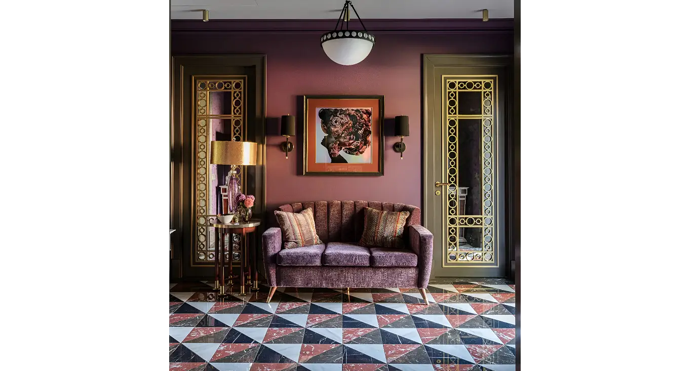 A styled interior room scene featuring a purple velvet sofa with patterned pillows, a side table with a lamp, a framed floral artwork on a mauve wall, and ornate gold-framed doors. This is not a clean isolated product shot, and the real room environment is clearly visible, so subject type is Lifestyle rather than Product/Packaging.