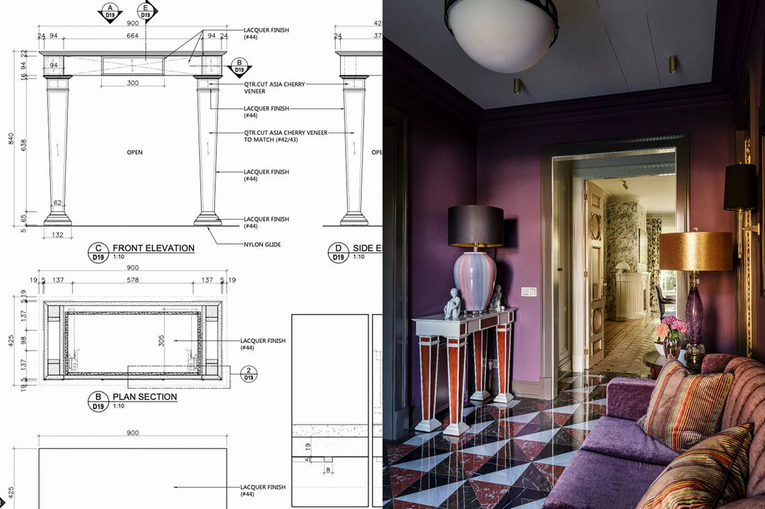A split-screen image showing architectural floor plan drawings on the left and a styled interior room with purple walls, patterned flooring, and decorative furniture on the right.