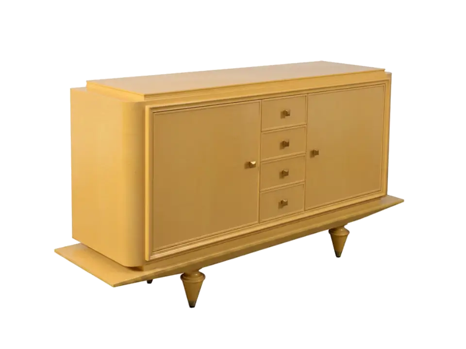 A mid-century modern yellow color sideboard cabinet in a warm light wood finish, featuring two large doors, four small drawers, and turned legs, shown against a plain white background.