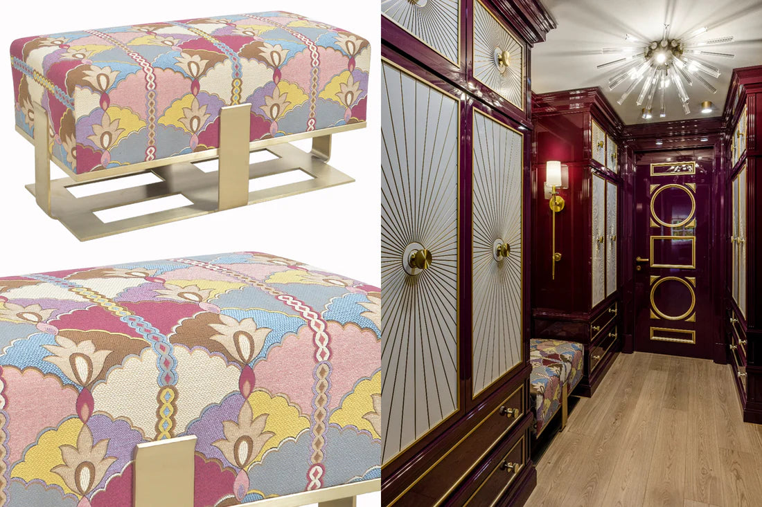 A collage showing a decorative upholstered bench/ottoman with a multicolor floral and geometric pattern and a metallic gold base, alongside close-up views of the fabric pattern and a matching interior room with dark wood cabinetry and a bench.