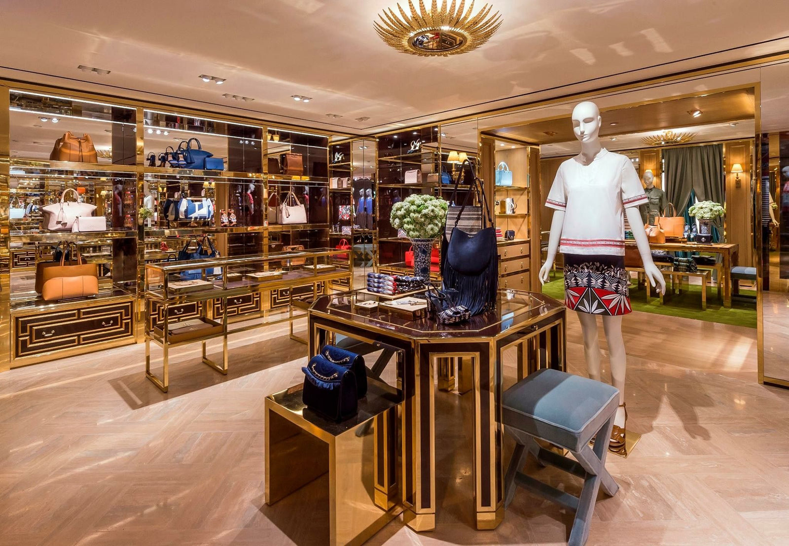 Luxury store interior with high-end fashion products and accessories